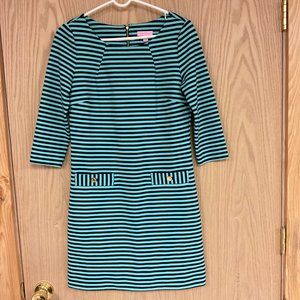 Lilly Pulitzer Green Teal & Dark Blue Striped Knee Length Dress Sz Med.